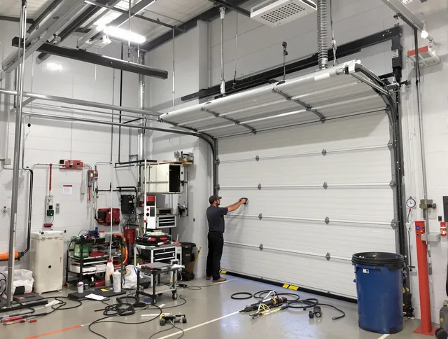 South Euclid Garage Door Repair certified technician performing commercial door repair at a South Euclid business facility