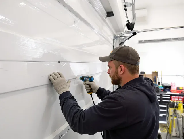 South Euclid Garage Door Repair technician demonstrating precision dent removal techniques on a South Euclid garage door
