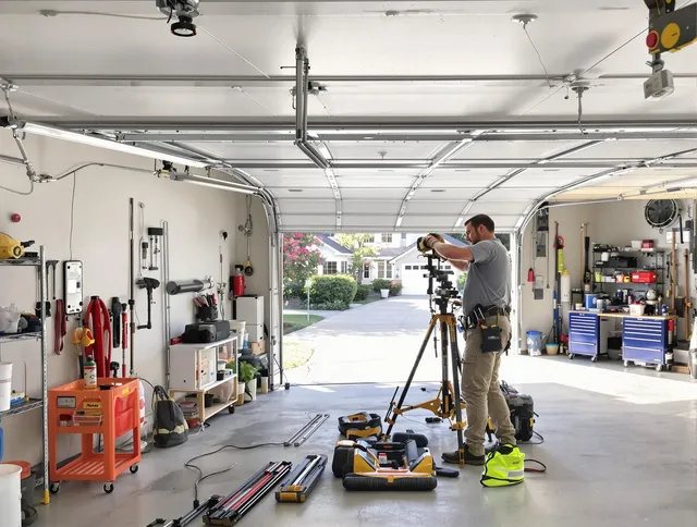 South Euclid Garage Door Repair specialist performing laser-guided track alignment in South Euclid